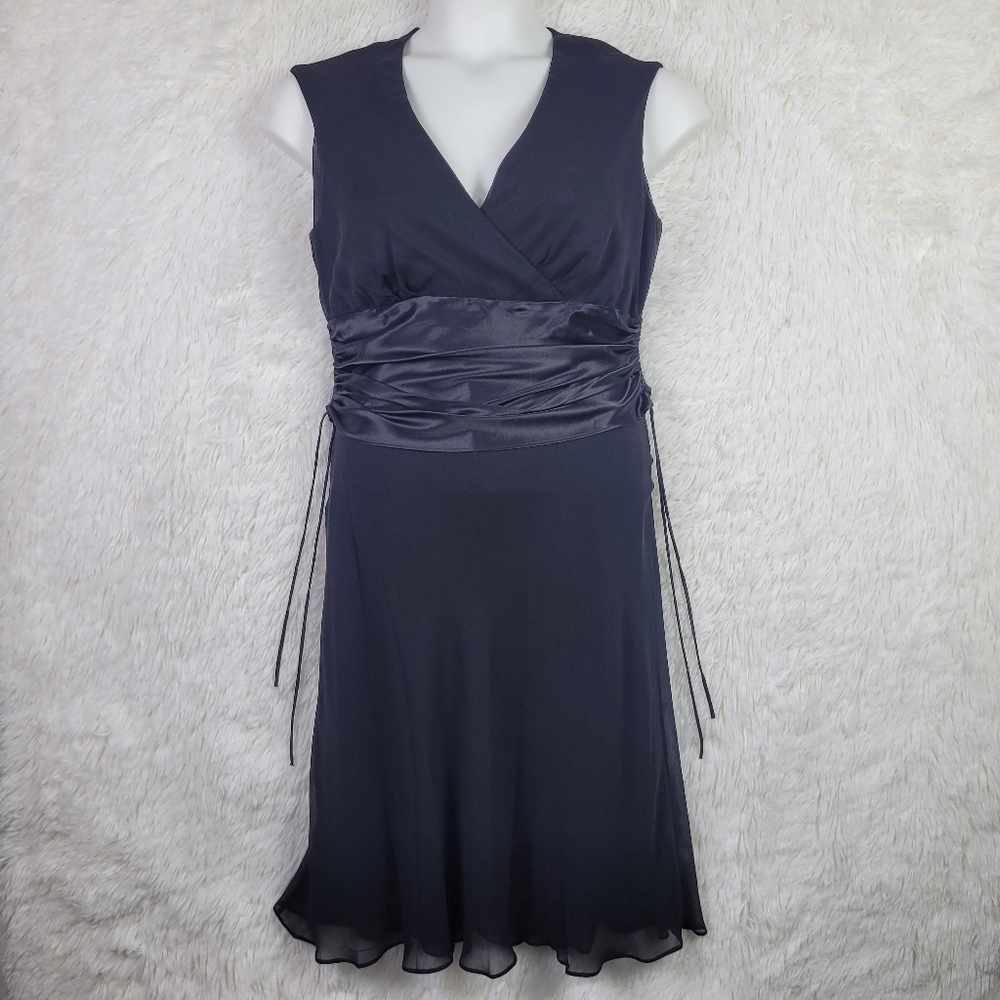 Vtg Sz 10 Donna Rico Black Silk‎ Chiffon Satin Midi Dress Ruched Elegant